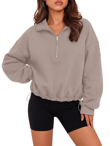 Rexley Women’s Quarter Zip Pullover Crop Sweatshirt – Cinchable Fleece (Medium, Nude Pink)