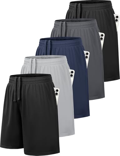Boys Athletic Shorts - Quick Dry Basketball with Pockets - Large, 5 Colors
