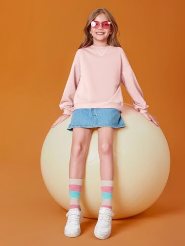Girls Casual Crewneck Sweatshirt - Long Sleeve Pullover Top, Pink, 7-8 Years