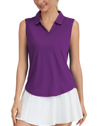 Women's Purple Sleeveless Golf Polo Shirt UVF 50+ Quick Dry Tennis Top Large