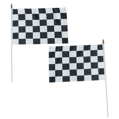 Checkered Racing Mini Stick Flags - 5x8 Inch Handheld Flags, 2 Pack