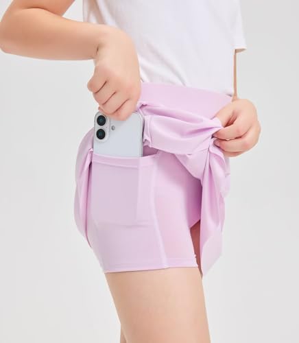 Girls 2 in 1 Athletic Skort - Soft Breathable Tennis Skirt with Built-in Shorts & Pocket, 8-9 Years Light Purple