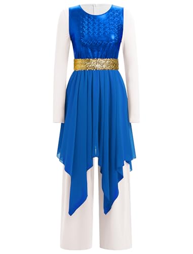 IBAKOM Women's Worship Dance Tunic & Metallic Jumpsuit Set - Royal Blue & White, Medium