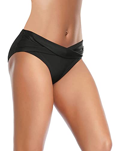 Women Twist Bikini Bottoms Medium Black Full Coverage Ruched Swimsuit - Tempt Me