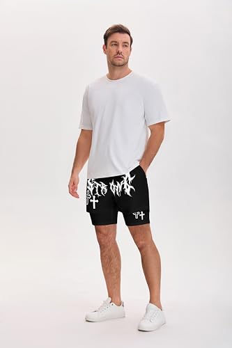 QJQ Men's Green 2-in-1 Goth Graphic Shorts - Medium, Elastic Waist, Summer Casual Workout