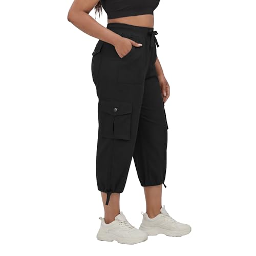 Plus Size Cargo Capris for Women with Pockets 5X-Large Black Lightweight Stretch