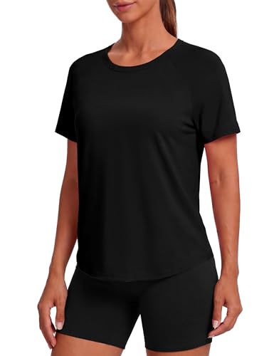 Quenteen Women's Black Short Sleeve Workout T-Shirt Medium Activewear for Gym & Yoga