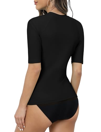 Bonneuitbebe Women's UPF 50+ Black Half Sleeve Rash Guard Swim Shirt Large