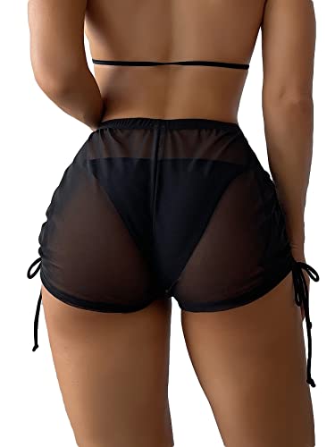 Falainetee Women's Black Medium Mesh Beach Cover Up Shorts - Summer Bikini Bottoms with Drawstring Side