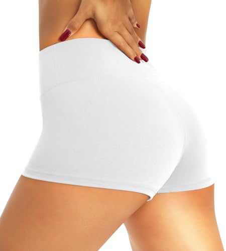 High Waisted Tummy Control Biker Shorts for Women - 3" Inseam, White