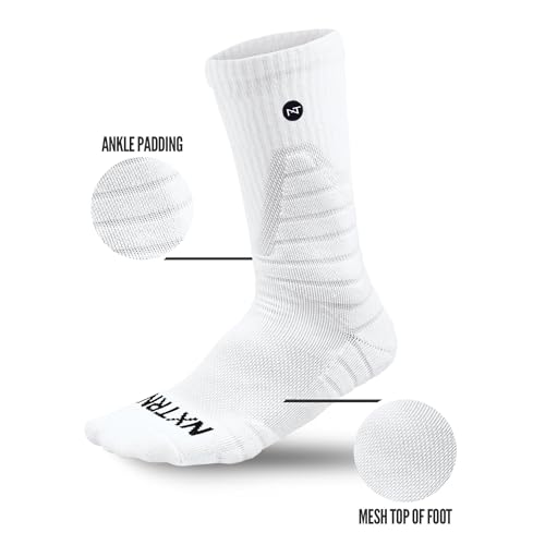 NXTRND Large White Compression Sports Crew Socks for Men - Athletic Cushion Socks for Basketball, Football & Running