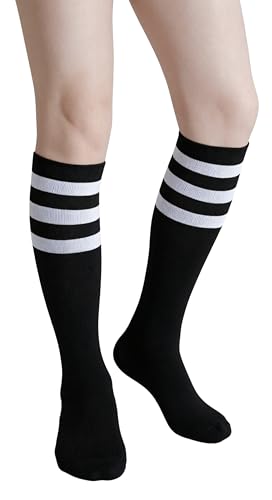 Henwarry White/Black Over the Calf Striped Athletic Socks for Men & Women - Retro Tube Style
