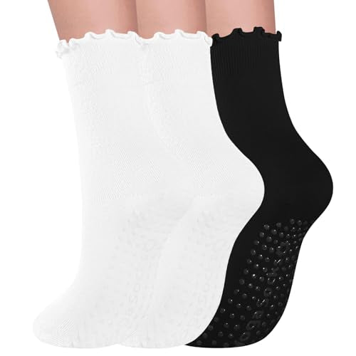 Pilates Socks with Grips - 3 Pairs Non-Slip Ruffle Ankle - White & Black
