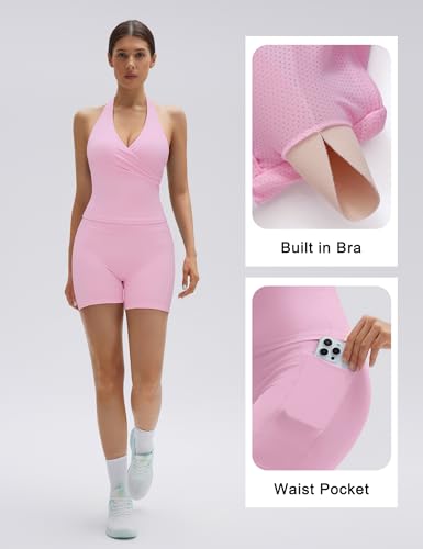 Pink Women 2-Piece Halter Workout Set with Open Back Padded Tank & High-Waisted Biker Shorts