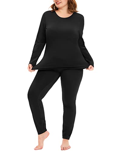 COOTRY Plus Size Thermal Long Johns Set for Women 3X-Large Black