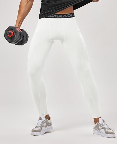 Men's Compression Pants - Quick Dry Athletic Leggings - White, Small