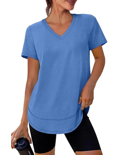 XIEERDUO Women’s UPF 50+ Quick Dry Short Sleeve Hiking & Running Top, V-Neck, Blue, XL