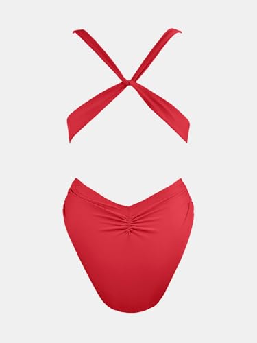 CUPSHE Women's Red Monokini Swimsuit - Medium, Plunging V Neck, High Cut One-Piece