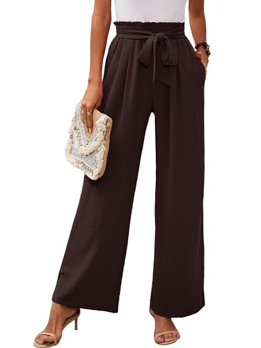Heymoments Women's Linen Wide Leg Pants with High Waist, Dark Brown (Size S) – Elastic Drawstring, Deep Pockets
