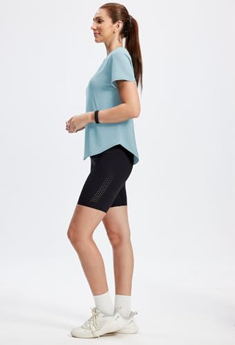 Womens Summer Workout T-Shirt - Short Sleeve Crewneck - Large Blue