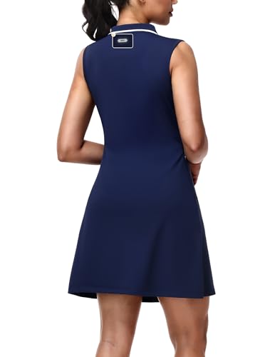 MIER Women's Golf Dress Navy Medium V Neck Sleeveless with Zip Pocket