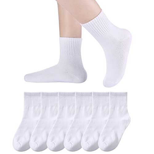 Eyean Kids Athletic Crew Socks 13-15 Years White 6 Pairs - Boys Girls Cotton School Uniform