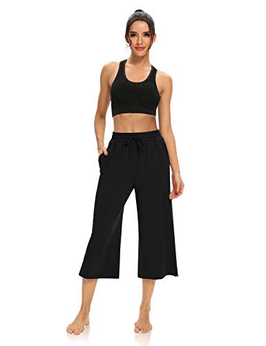 DIBAOLONG Women's Large Black Capri Pants - Loose Yoga & Lounge Wide Leg Sweatpants with Pockets