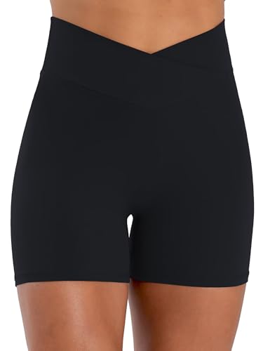 Sunzel Women's High Waist Crossover Workout Shorts - 4 Inch Inseam, Medium, Black