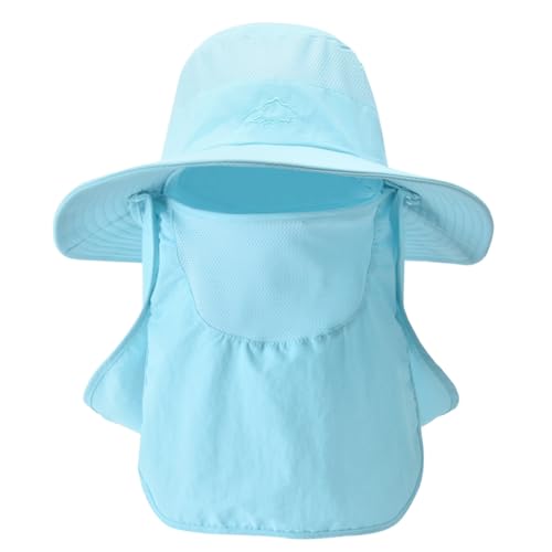 Wide Brim Fishing Hat for Men & Women - Blue with Face Cover & Neck Flap - UPF 50+