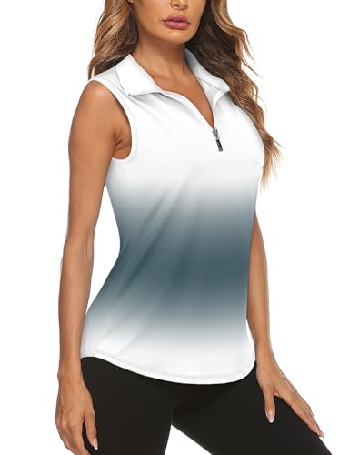 Koscacy Women's Sleeveless Golf Tennis Polo Shirts Grey White Medium Dry Fit Workout Tank Top