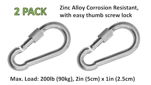 Heavy Duty Steel Carabiner Snap Hook with Thumb Screw Lock - 5cm 2-Pack Silver
