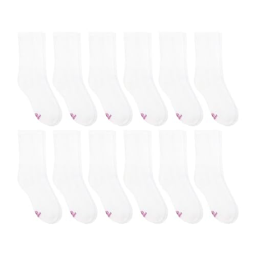 Hanes Girls' Crew White Cushioned Socks Pack 12-Pairs, Medium (Ankle & No Show)