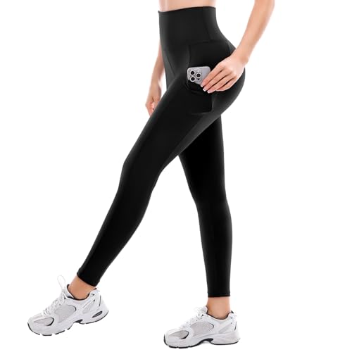 High Waisted Leggings for Women - Full Length 2 Pockets - Black - Large/X-Large