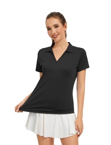 Quick Dry Women's Polo Shirt - Short Sleeve, UPF 50+, Large Black