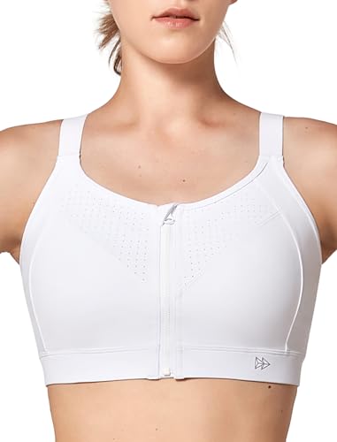 Yvette Adjustable High Impact Sports Bra Zip Front Medium A/C White