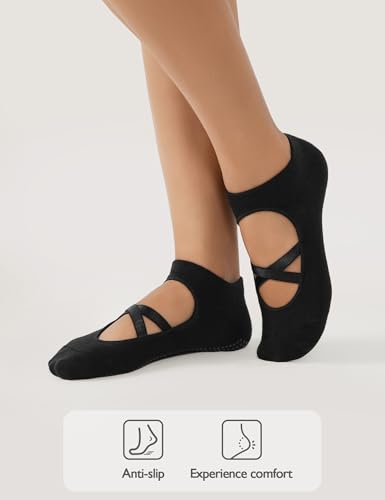 Non-Slip Pilates Yoga Socks with Grips - 4 Pairs - Black & Gray