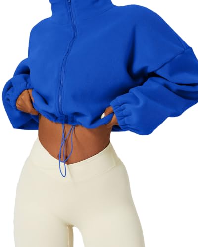 QINSEN Women's Full Zip Fleece Short Jacket - Warm Winter Sherpa Crop Coat, Medium/Klein Blue