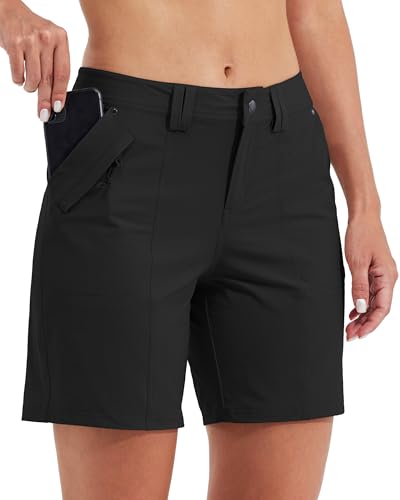 Willit Women's 7" Quick Dry Water-Resistant Golf & Hiking Shorts Black, Casual Summer with Pockets