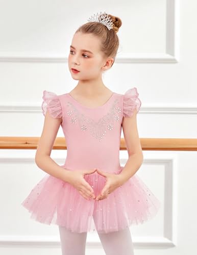 Zaclotre Ballet Leotards for Girls Ruffle Sleeve Shiny Dance Tutu