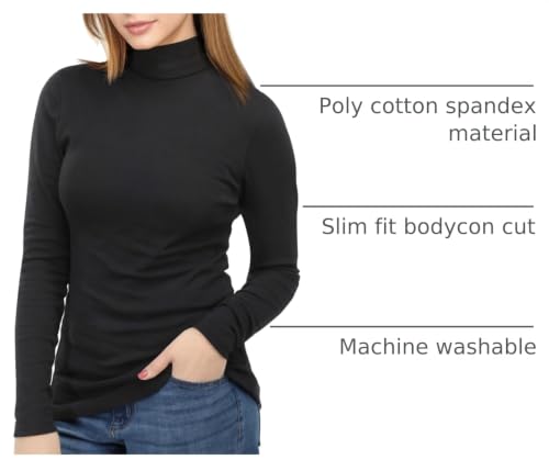 Slim Fit Turtleneck Top for Women - Soft Cotton Blend - Medium Black