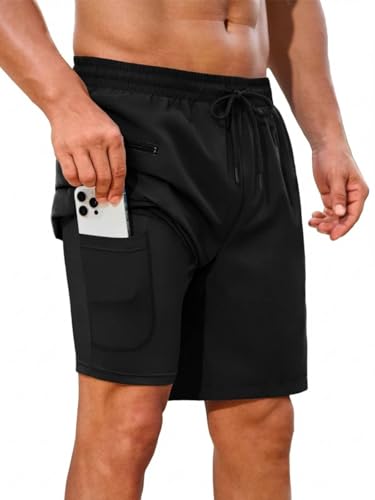 Men's Quick Dry Swim Trunks with Compression Liner & Zipper Pockets