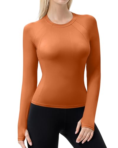 Women's Compression Long Sleeve Workout Shirt with Thumb Holes - Orange, X-Large