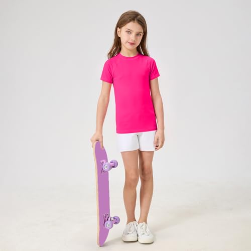 UPF 50+ Kids Rash Guard Short Sleeve Swim Shirt - Hot Pink, Age 7-8