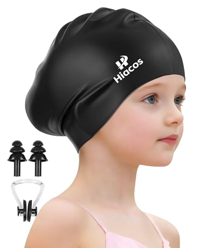Kids Waterproof Silicone Swim Cap for Girls & Boys - 2 Sizes, Black, 8-15 Years