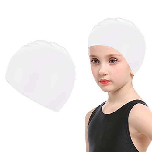 Kids Swim Cap - Waterproof Silicone Bathing Cap for Long & Short Hair - White