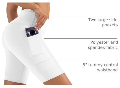 High Waisted Biker Shorts with Pockets - 8 Inch - White