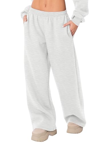 LOMON Wide-Leg Fleece Sweatpants for Women, Small, Light Grey (Fall/Winter 2026)
