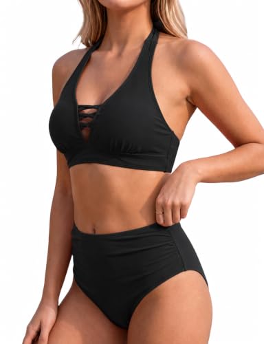 Buauty High Waist Bikini Set Women Cross V Neck Halter Strappy Cutout A01-black Large
