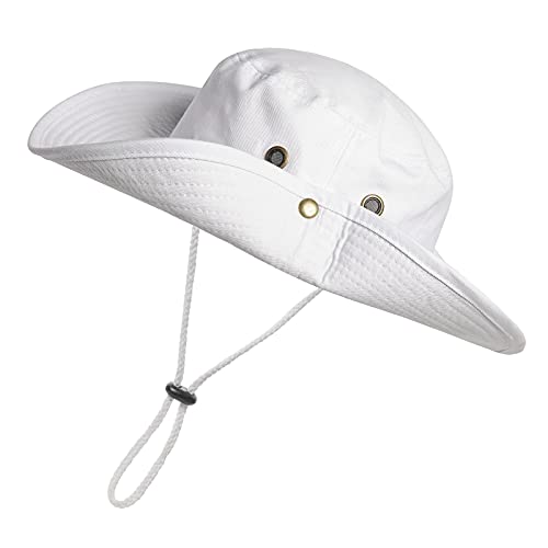 Cotton Sun Hat for Men & Women - Wide Brim Boonie Bucket Hat - Large/X-Large - White