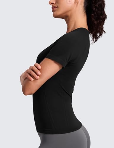 CRZ YOGA Seamless Waist-Length T-Shirt for Yoga - Medium Black